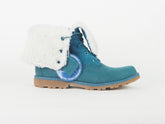 Juniors Timberland Shearling Fur Roll Top A157A Blue Leather Lace Up Boots