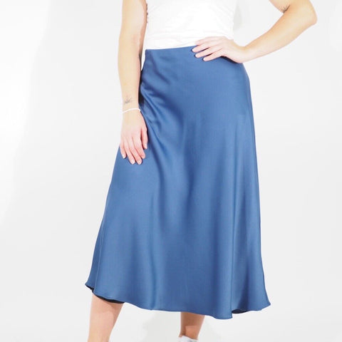 Womens Ex M&S Long Skirt Blue Elastic Waist Smooth Look Ladies Straight Skirt