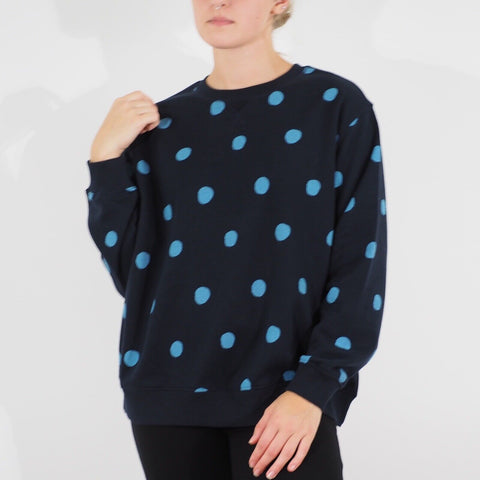 Womens Ex M&S Long Sleeve Top Navy Round Neck Spot Ladies Casual Cotton Jumper