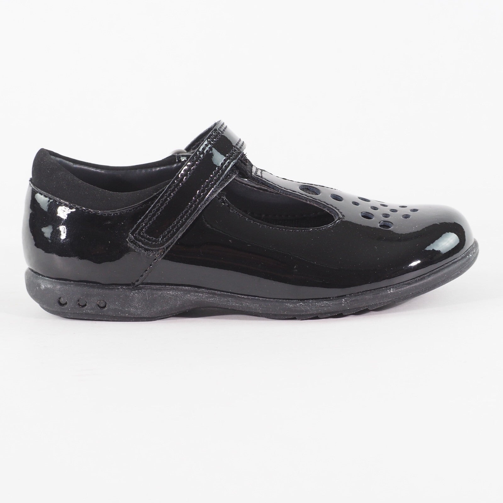 Girls Clarks Trixi Pip Pre Black Pate Leader One Strap School Walking Shoes