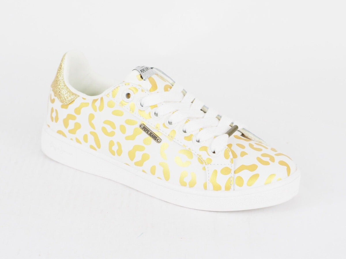Womens Pepe Jeans Brompton Flashy White Gold Lace Up Casual Sports Trainers 