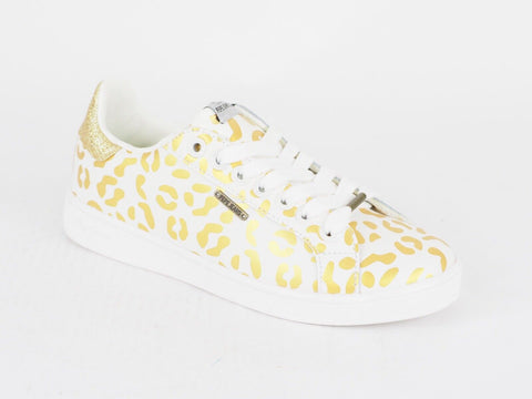 Womens Pepe Jeans Brompton Flashy White Gold Lace Up Casual Sports Trainers 