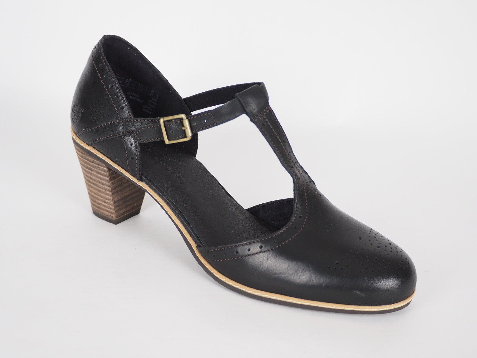 Womens Timberland EK Montvale 8049R Black Leather High Heel T Strap Summer Shoes