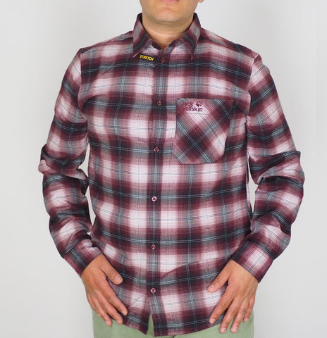 Mens Jack Wolfskin Light Valley 1402741 Port Wine Checks Long Sleeved Shirt 