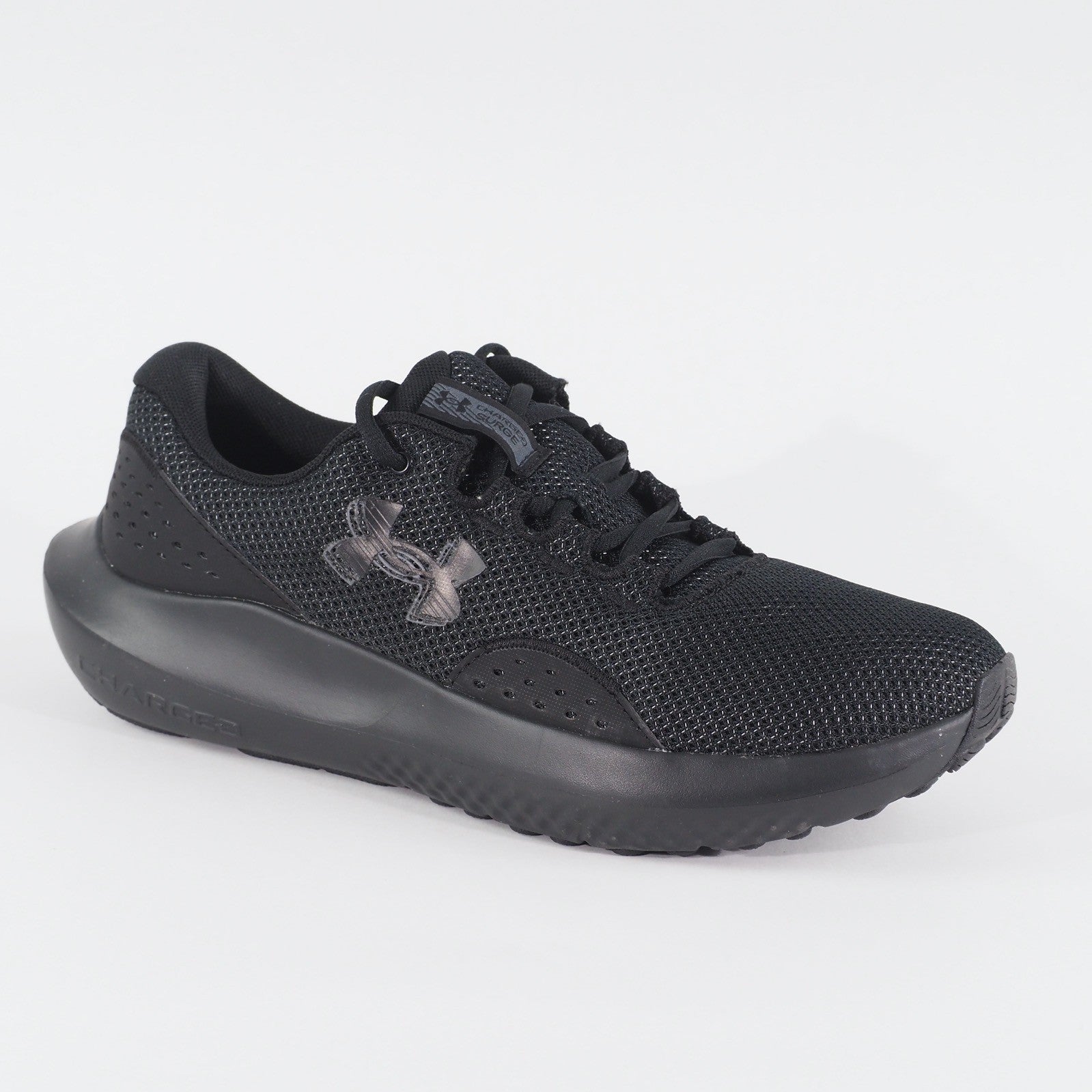 Mens Under Armour Charged Surge 4 Black Mesh Running Lace Up Sports Trainers