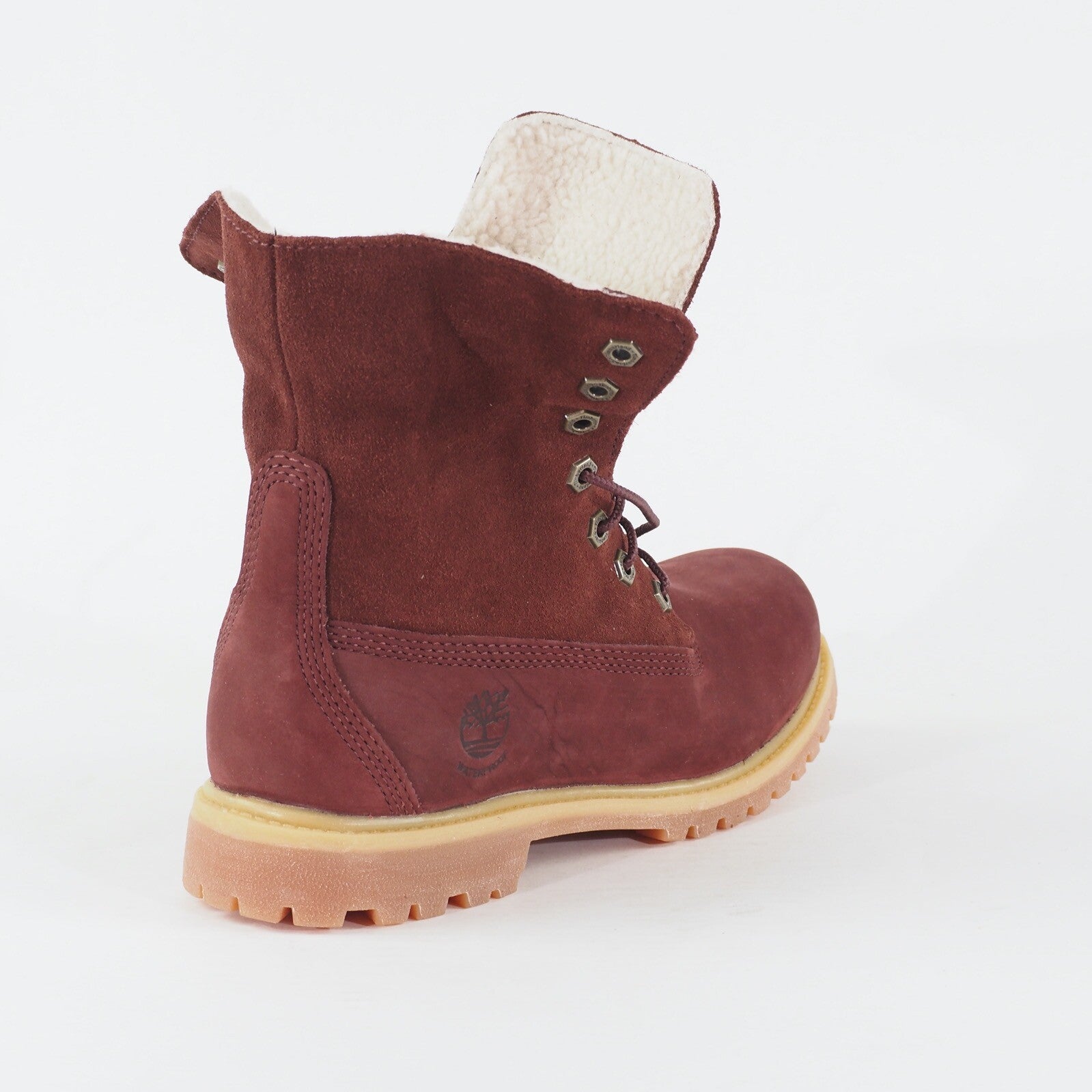 Womens Timberland Teddy Fleece Fold Down Burgundy Leather Lace Waterproof Boots