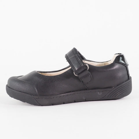 Girls Clarks Lilfolkbud Black Leather Leader Single Strap School Walking Shoes