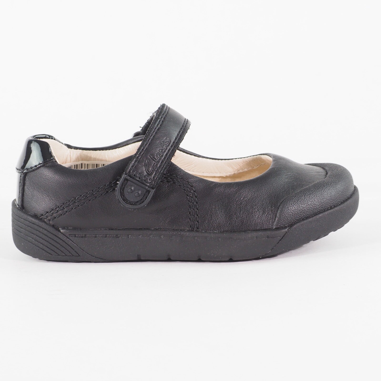 Girls Clarks Lilfolkbud Black Leather Leader Single Strap School Walking Shoes