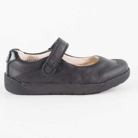 Girls Clarks Lilfolkbud Black Leather Leader Single Strap School Walking Shoes