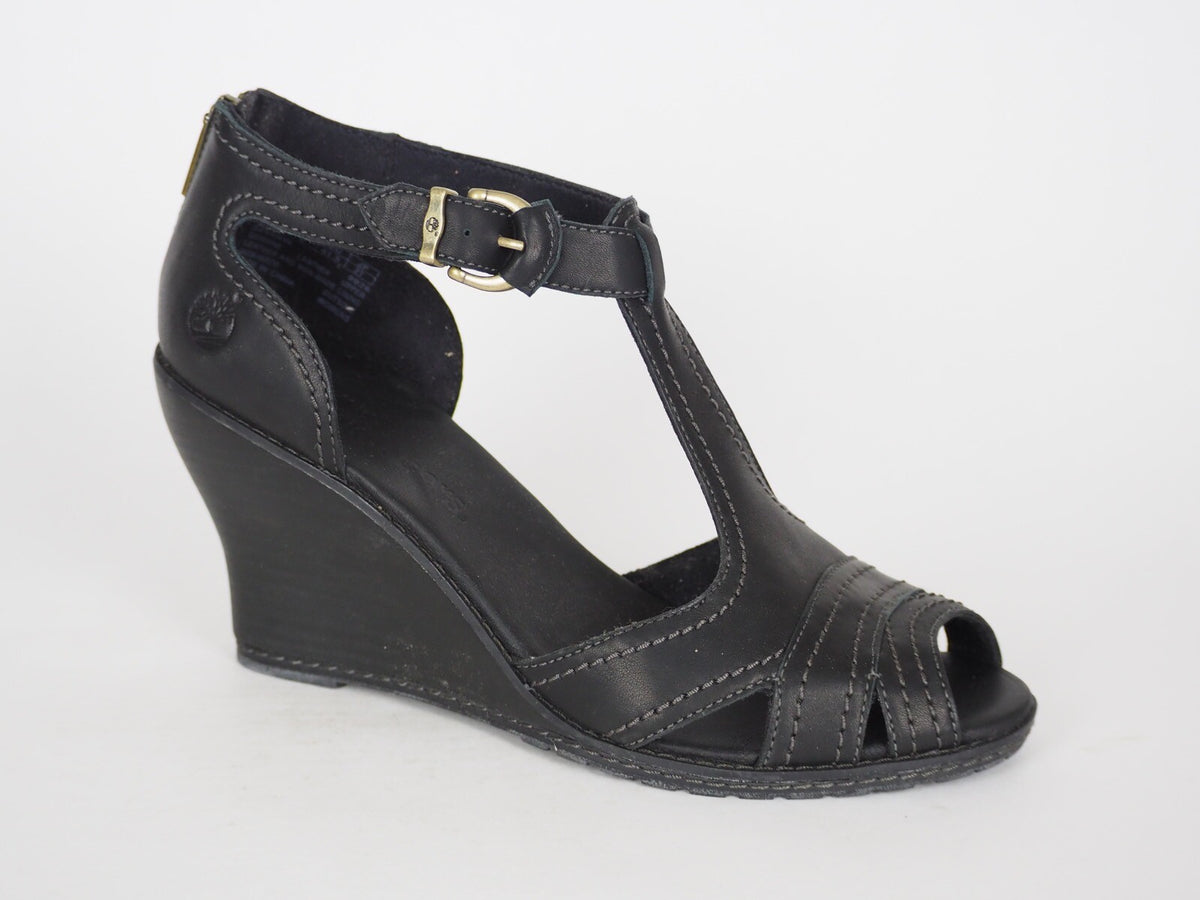 Womens Timberland EK Masln 3444R Black Leather Open Toe Wedge Heel Sandals