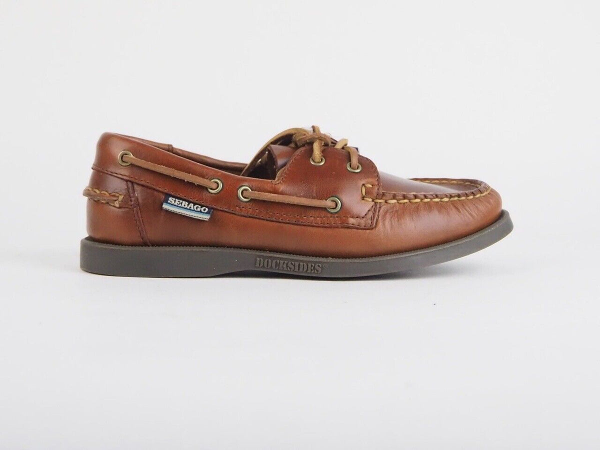 Boys Sebago Docksides 2 Eye B43743 M Leather Lace Up Brown Boat Casual Shoes