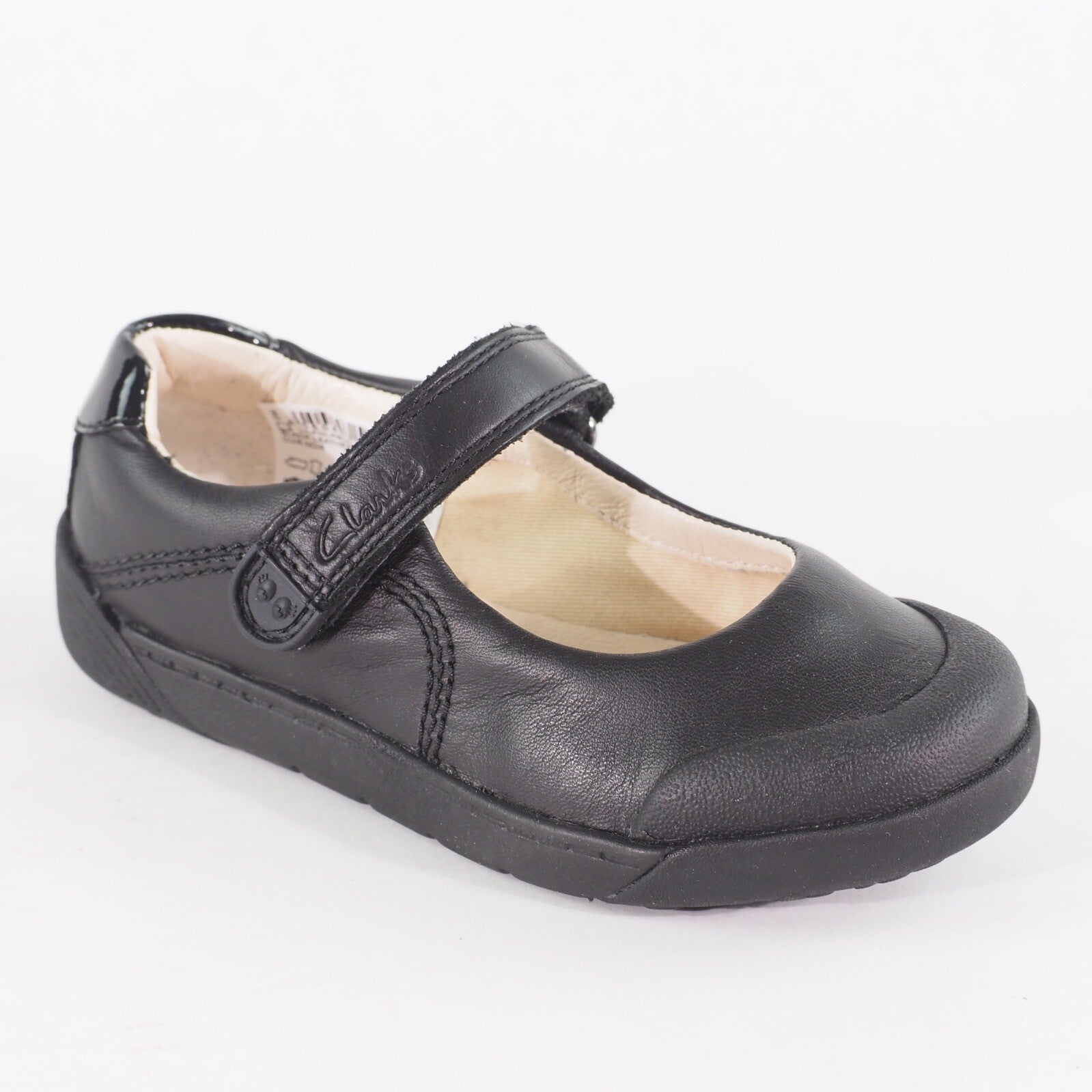 Girls Clarks Lilfolkbud Black Leather Leader Single Strap School Walking Shoes