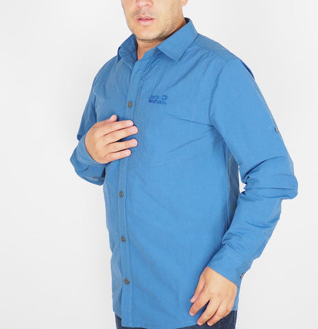 Mens Jack Wolfskin Mosquito 1402821 Ocean Blue Long Sleeve Button Up Smart Shirt