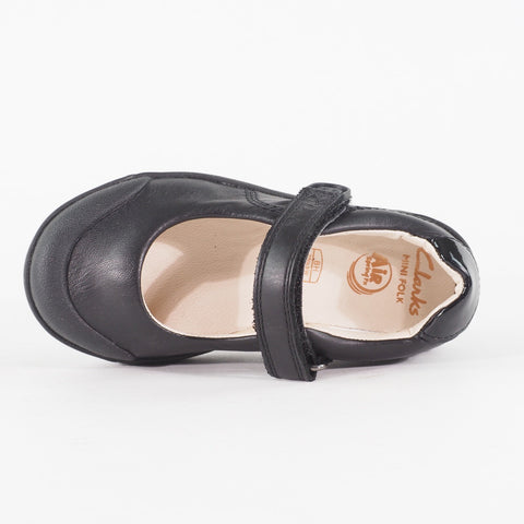 Girls Clarks Lilfolkbud Black Leather Leader Single Strap School Walking Shoes