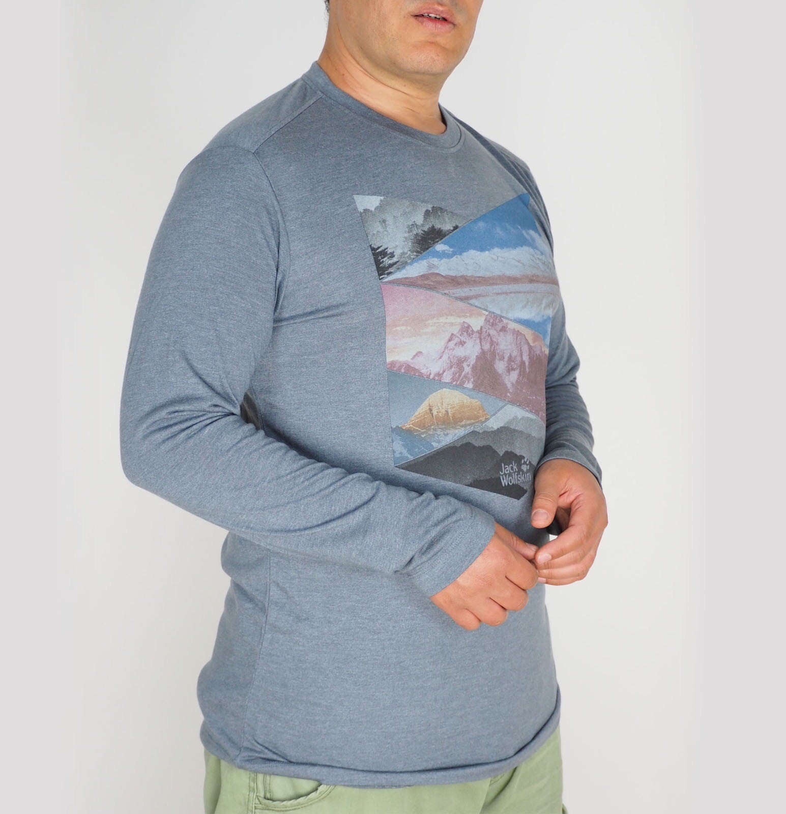 Mens Jack Wolfskin Tencel Print 1807501 Pebble Grey Casual Soft Longsleeve Shirt