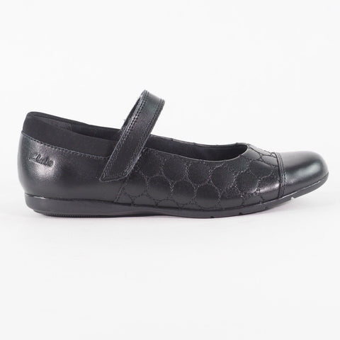 Girls Clarks Dance Buzz Black Leather Leader One Strap School Walking Shoes