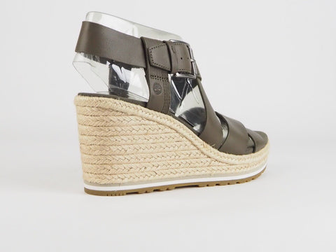 Womens Timberland Nice Coast Cross A1MTA Canteen Leather Wedge Heel Sandals