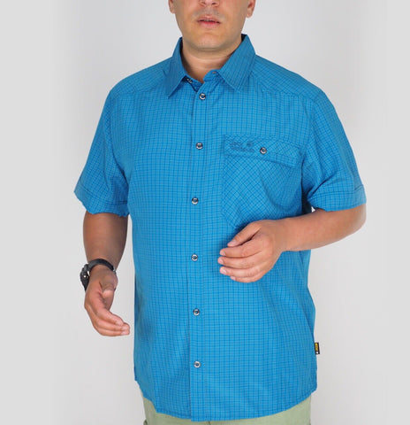 Mens Jack Wolfskin 5009321 Dk Turquoise Checks Short Sleeve Shirt 