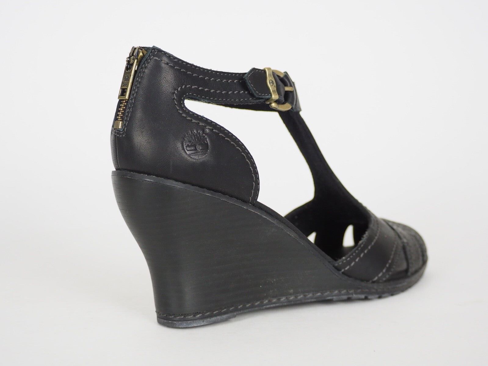 Womens Timberland EK Masln 3444R Black Leather Open Toe Wedge Heel Sandals
