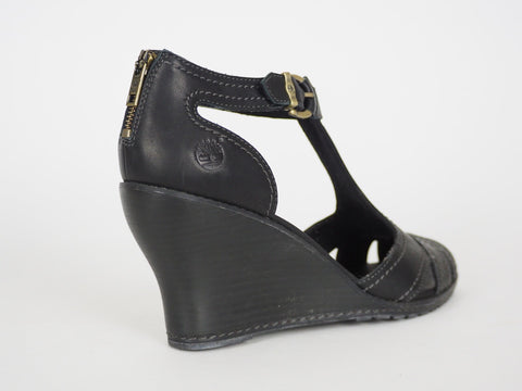 Womens Timberland EK Masln 3444R Black Leather Open Toe Wedge Heel Sandals