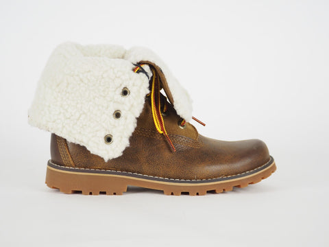 Girls Timberland Shearling Turnover A18IA Brown Leather Lace Up Winter Boots