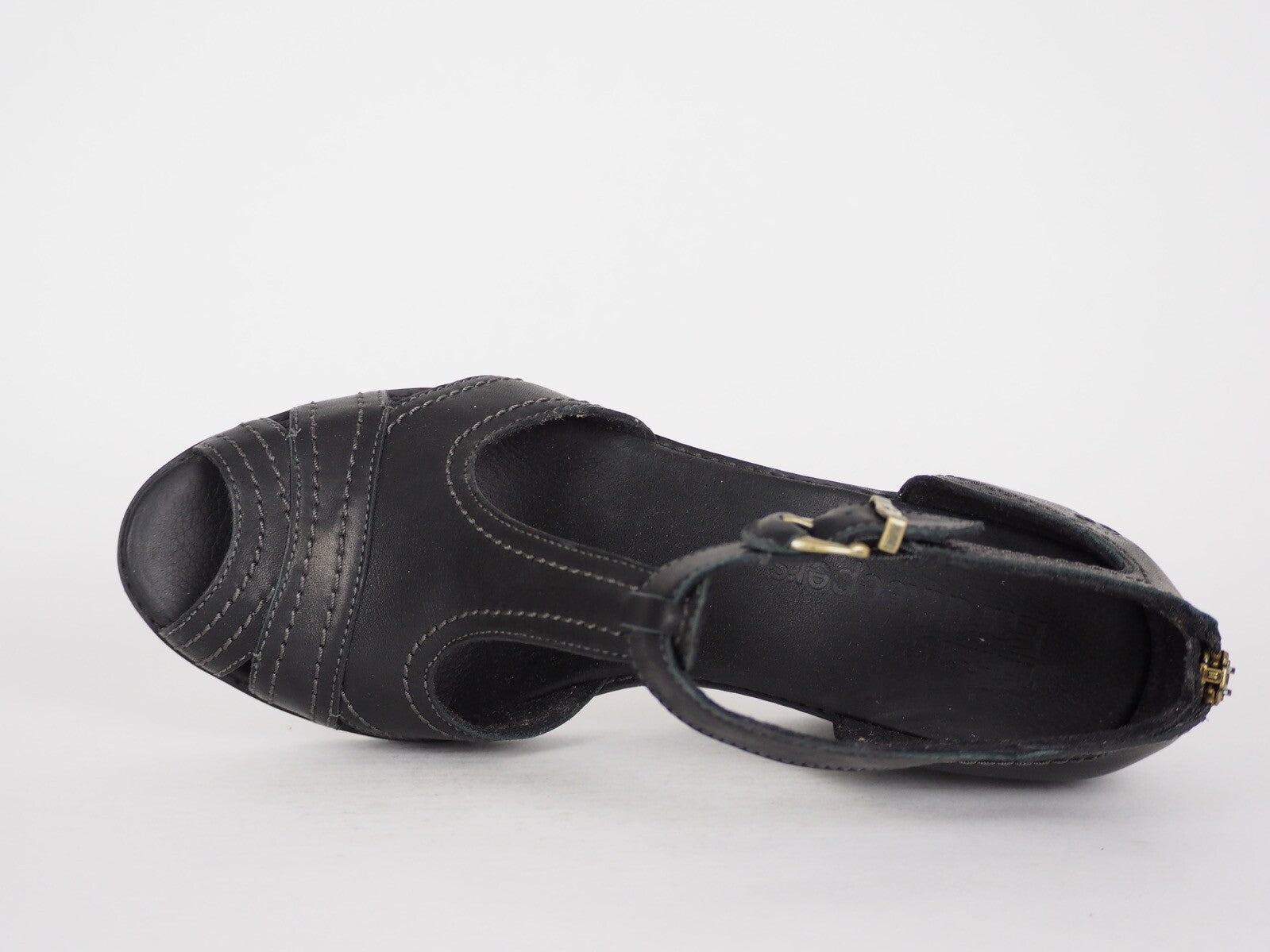 Womens Timberland EK Masln 3444R Black Leather Open Toe Wedge Heel Sandals
