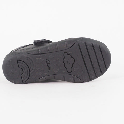 Girls Clarks Lilfolkbud Black Leather Leader Single Strap School Walking Shoes