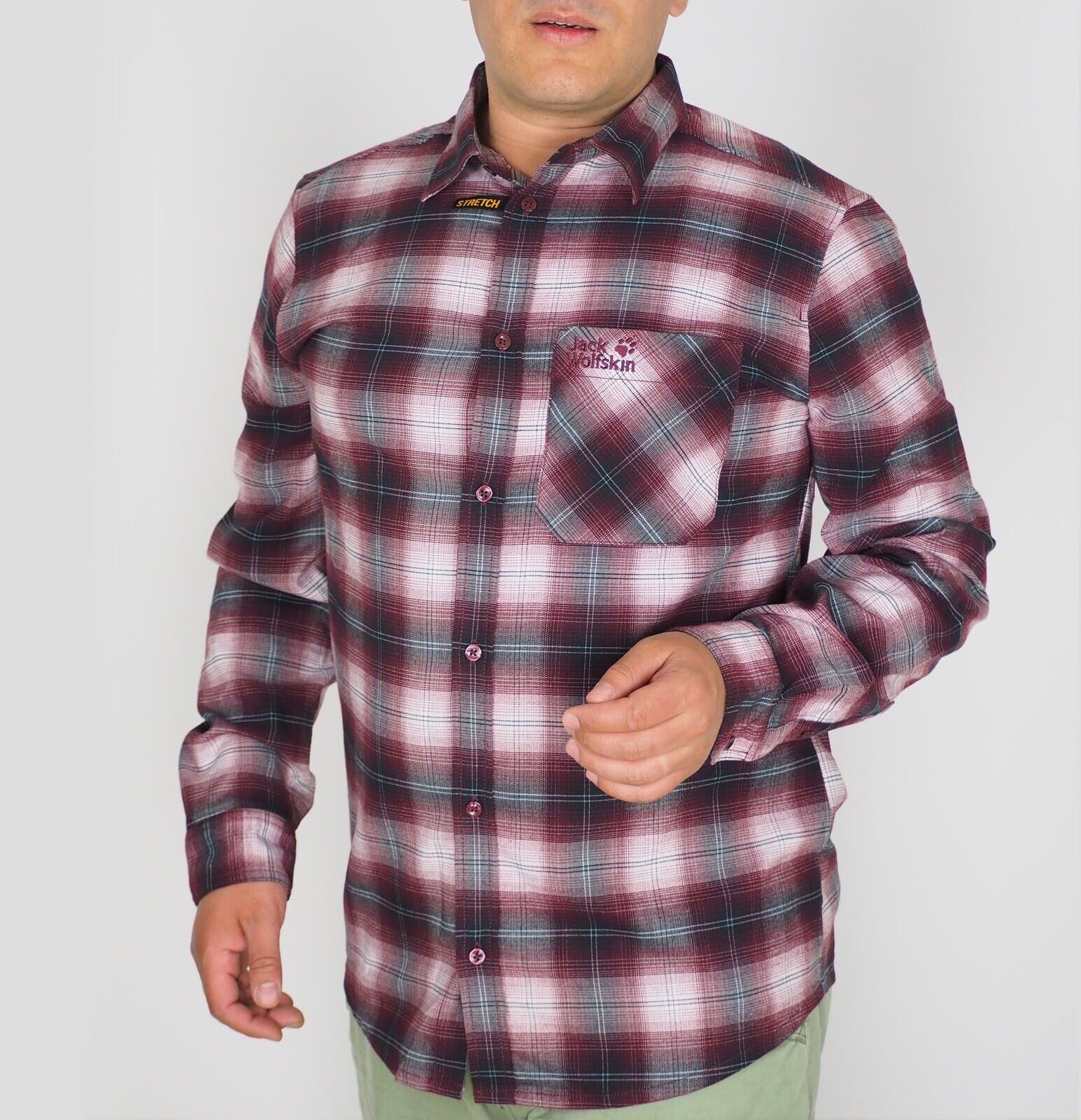Mens Jack Wolfskin Light Valley 1402741 Port Wine Checks Long Sleeved Shirt 