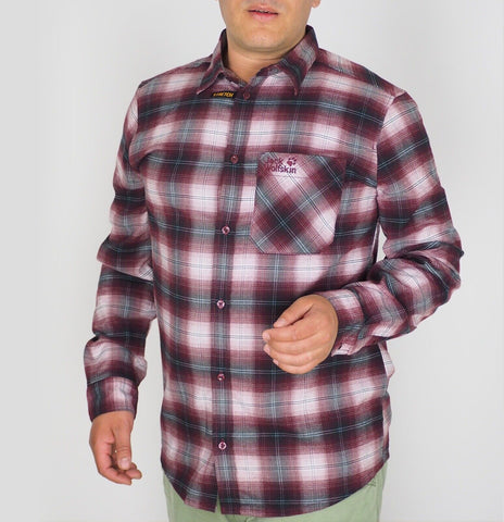 Mens Jack Wolfskin Light Valley 1402741 Port Wine Checks Long Sleeved Shirt 