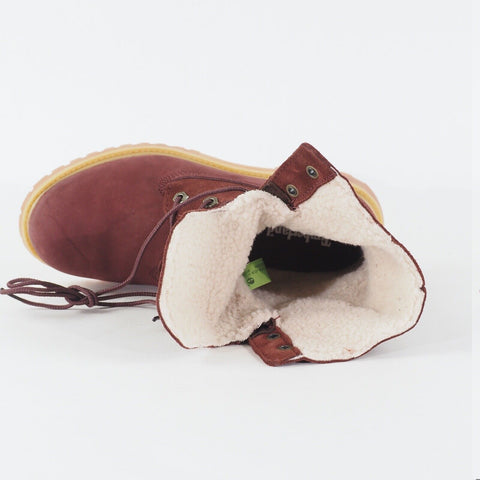 Womens Timberland Teddy Fleece Fold Down Burgundy Leather Lace Waterproof Boots