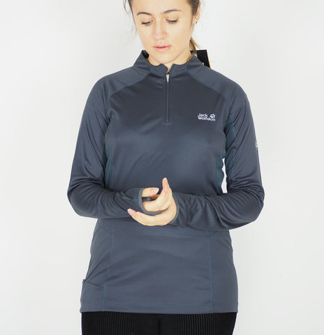 Womens Jack Wolfskin Half Zip 1804601 Ebony Breathable Longsleeve Active Shirt