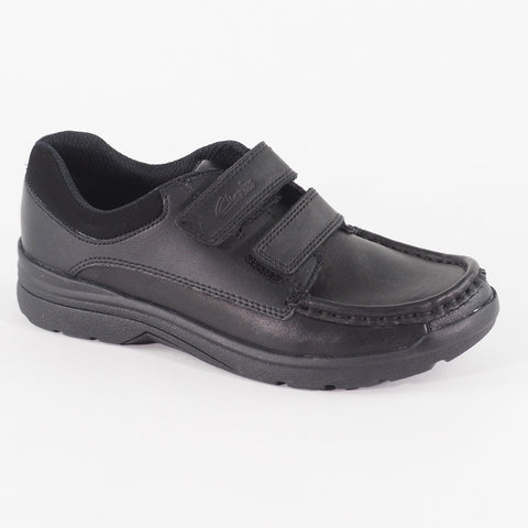 Boys Clarks Obie Play Black Leather Double Strap School Walking Shoes