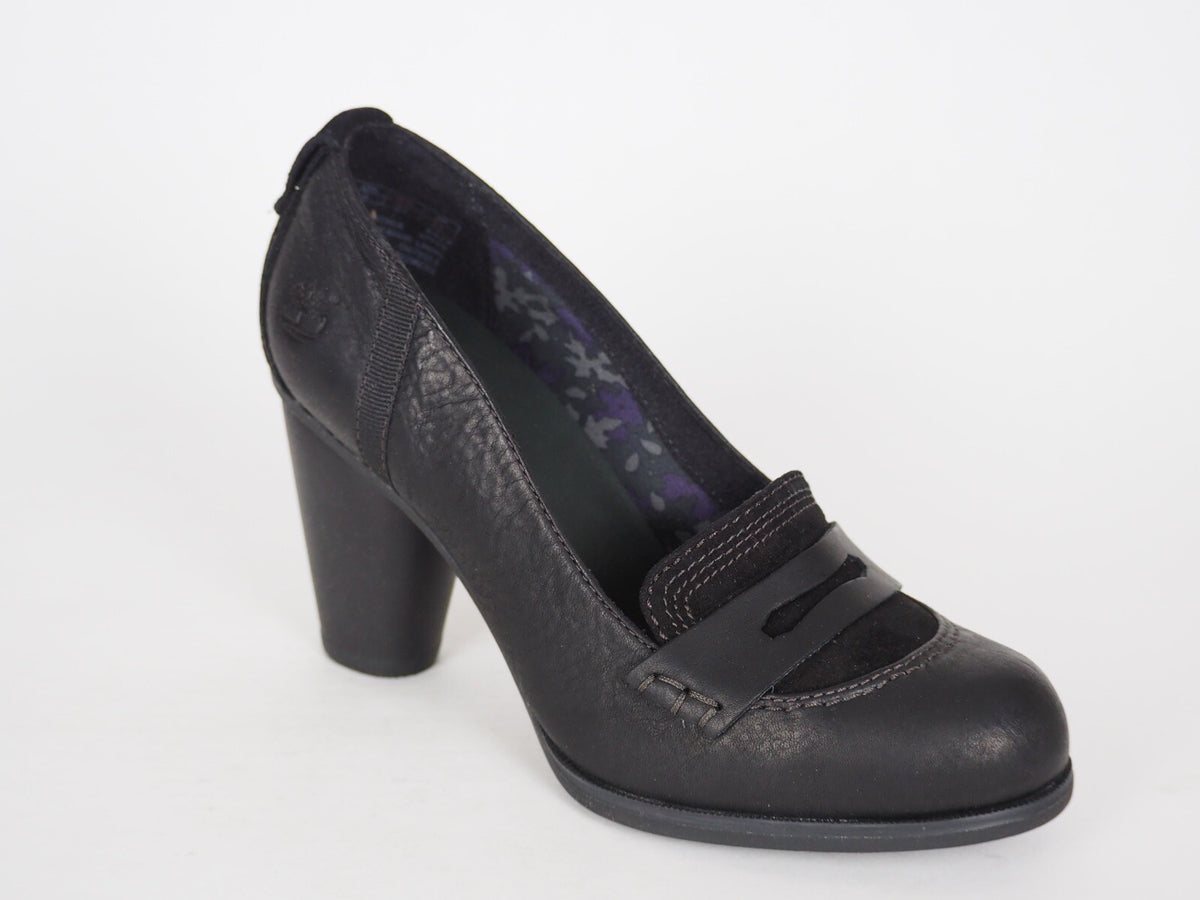 Womens Timberland Nevali 19616 Black Leather Slip On Heeled Loafers