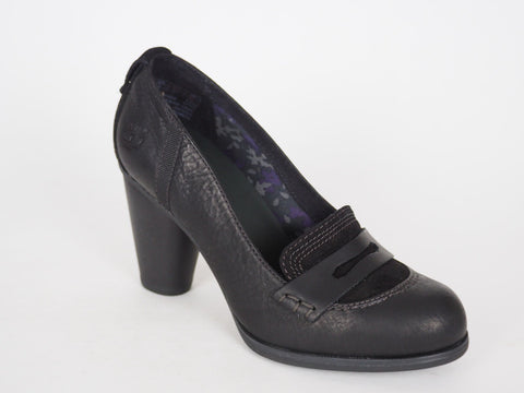 Womens Timberland Nevali 19616 Black Leather Slip On Heeled Loafers