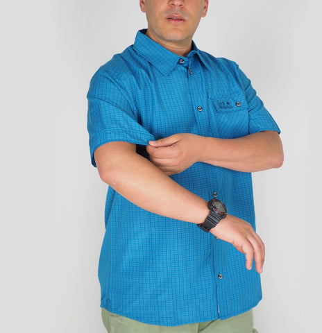 Mens Jack Wolfskin 5009321 Dk Turquoise Checks Short Sleeve Shirt 