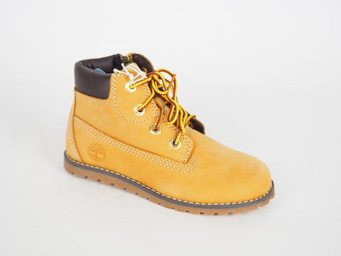 Boys Girls Timberland PokeyPine 6 Inch A125Q Wheat Leather Lace Up Chukka Boots