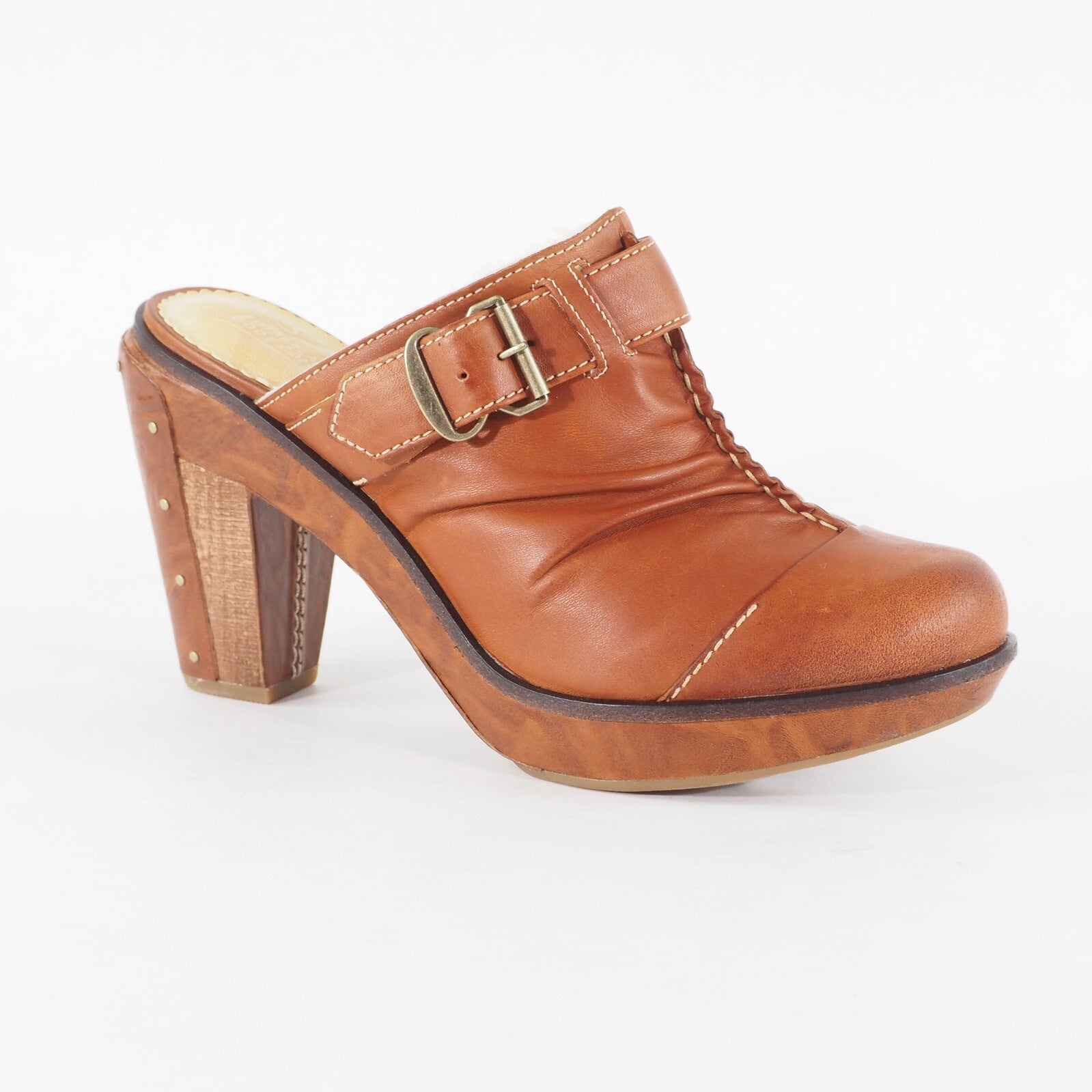 Womens Timberland Marge Wood 25677 Tan Leather Clog Heeled Occasion Shoes