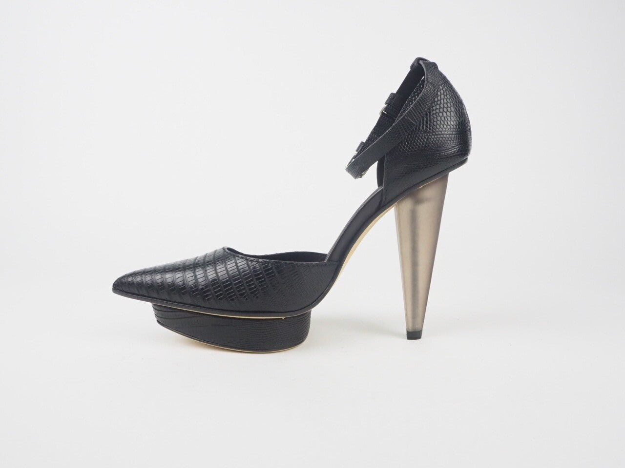 Womens Calvin Klein Kyra Waxed Lizard J3150 Leather Black Heels Shoes 