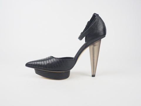 Womens Calvin Klein Kyra Waxed Lizard J3150 Leather Black Heels Shoes 