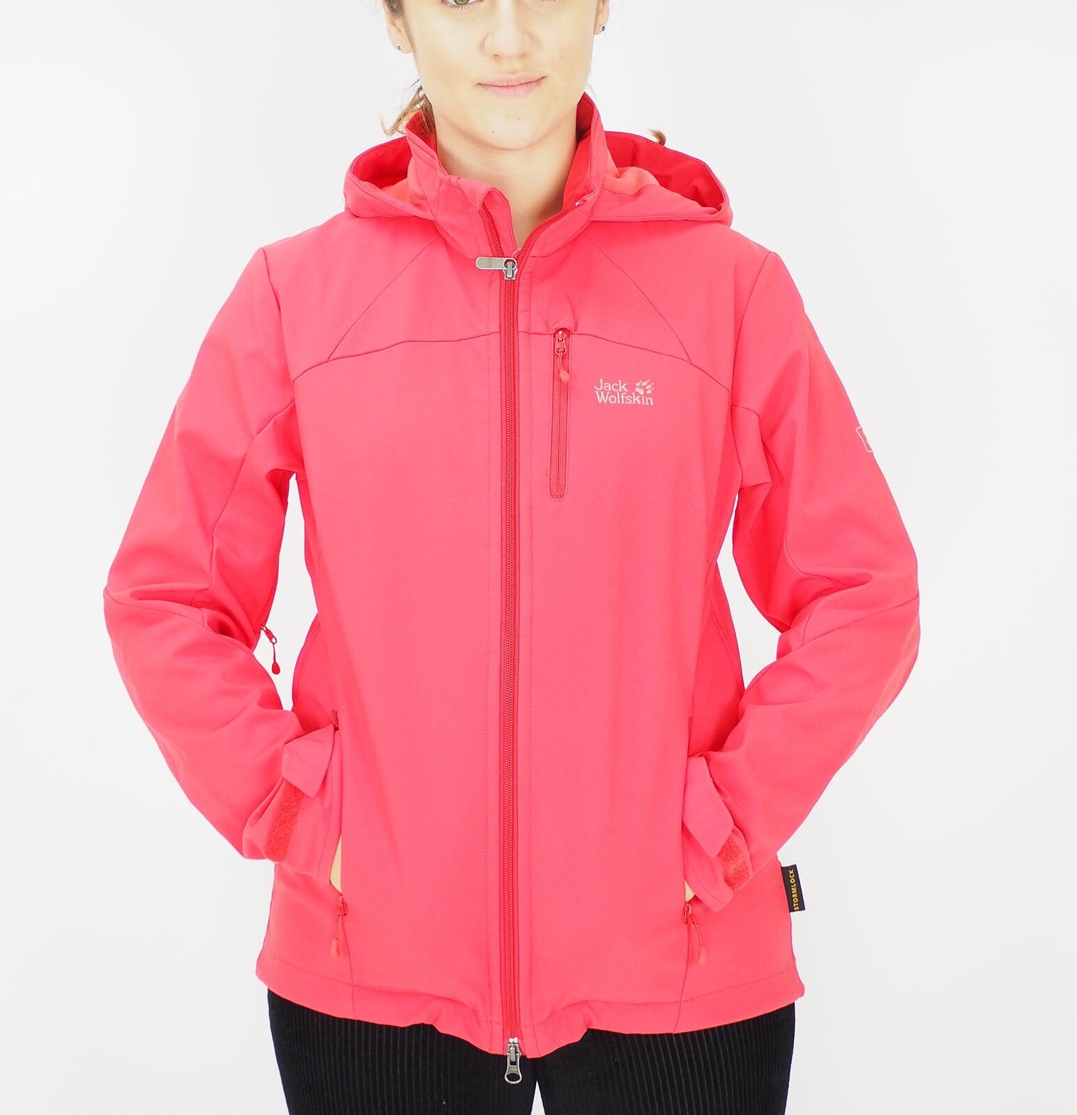 Womens Jack Wolfskin Stormraker 1303341 Hibiscus Red Windproof Hooded Jacket