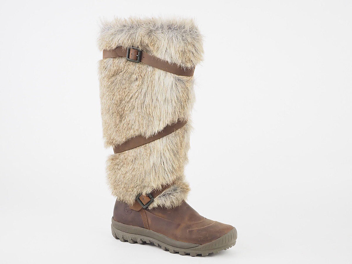 Womens Timberland MT Holly Faux Fur 1623R Brown Leather Zip Up Tall Snow Boots