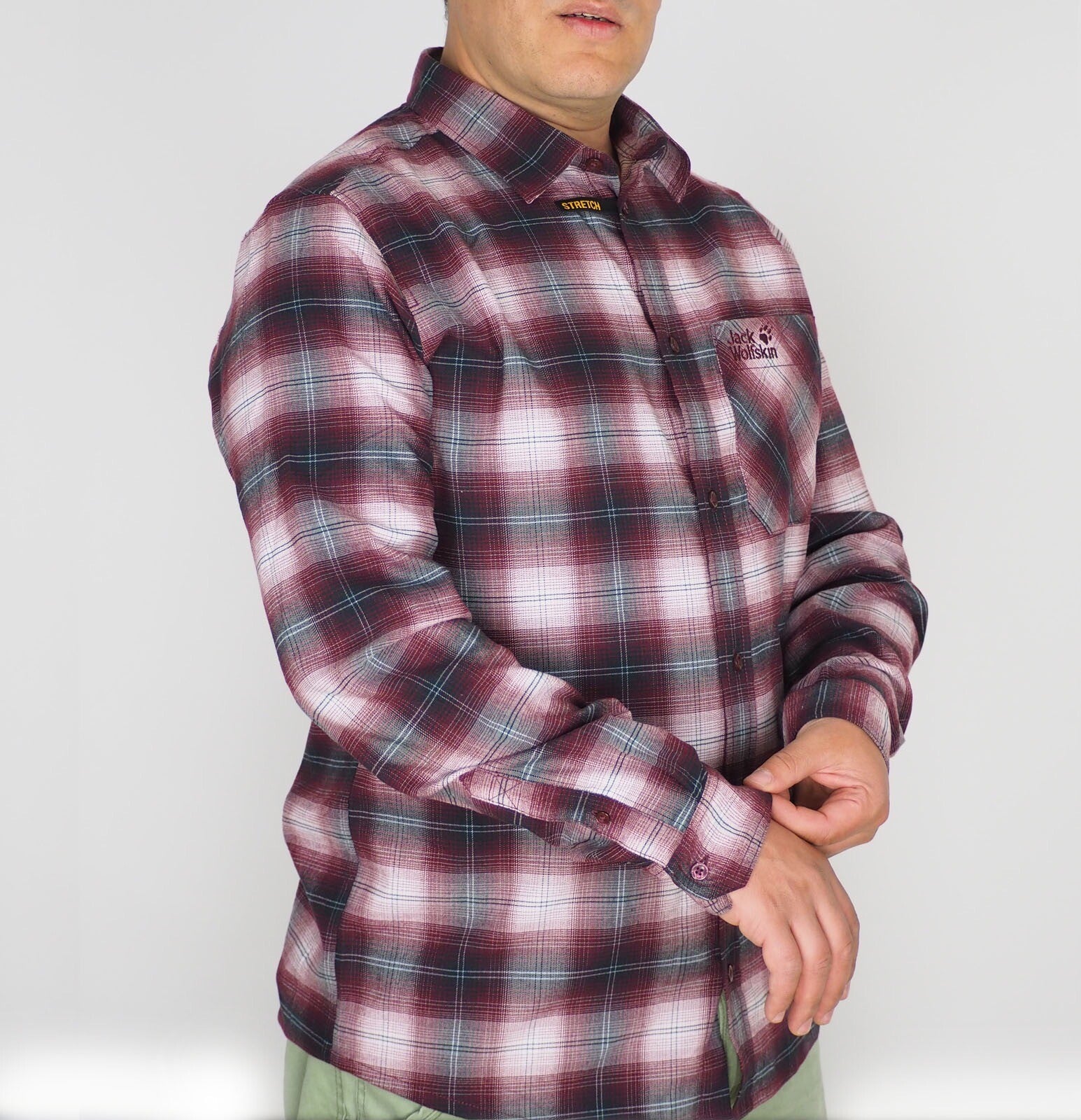 Mens Jack Wolfskin Light Valley 1402741 Port Wine Checks Long Sleeved Shirt 