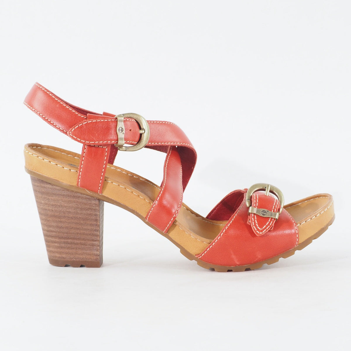 Womens Timberland Belicia Sandal 15668 Red Leather Strappy Buckle Heeled Shoes