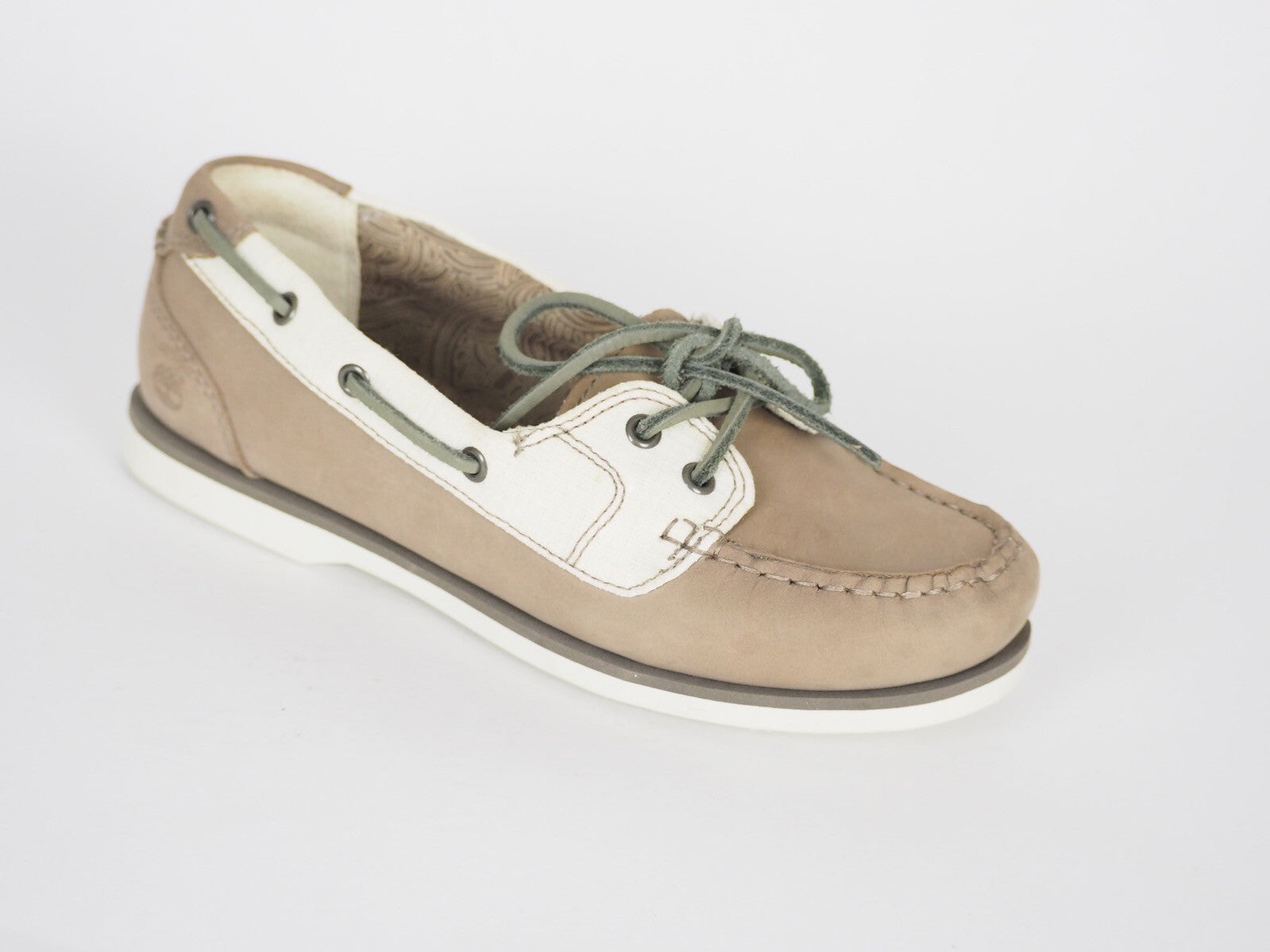 Womens Timberland 2 Eye 27616 Taupe Leather Fabric Boat Deck Shoes