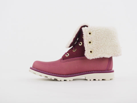 Girls Timberland 6 Inch A18HY Rose Pink Leather Shoes Lace Up Shearling Boots