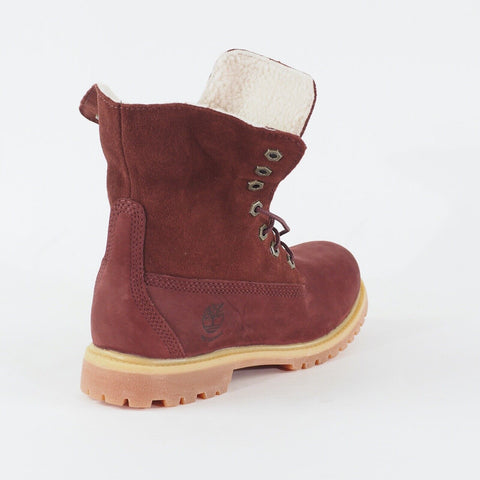 Womens Timberland Teddy Fleece Fold Down Burgundy Leather Lace Waterproof Boots
