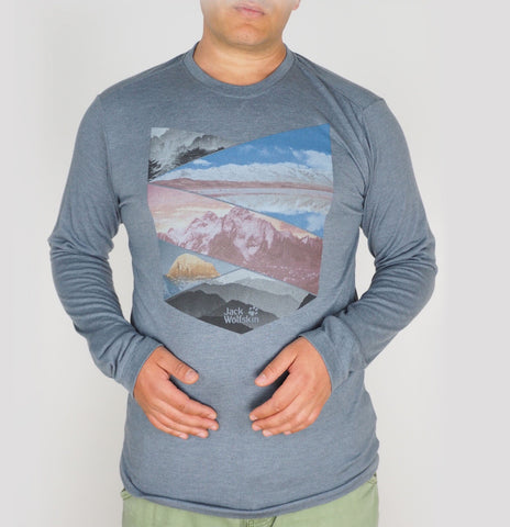 Mens Jack Wolfskin Tencel Print 1807501 Pebble Grey Casual Soft Longsleeve Shirt