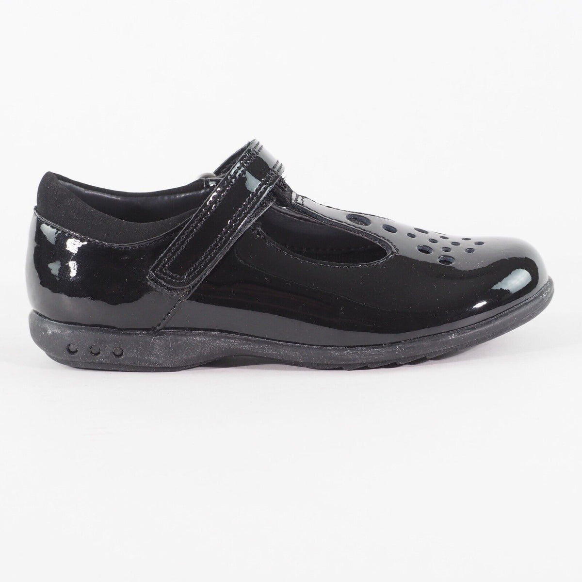 Girls Clarks Trixi Pip Pre Black Pate Leader One Strap School Walking Shoes