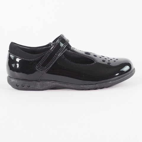 Girls Clarks Trixi Pip Pre Black Pate Leader One Strap School Walking Shoes