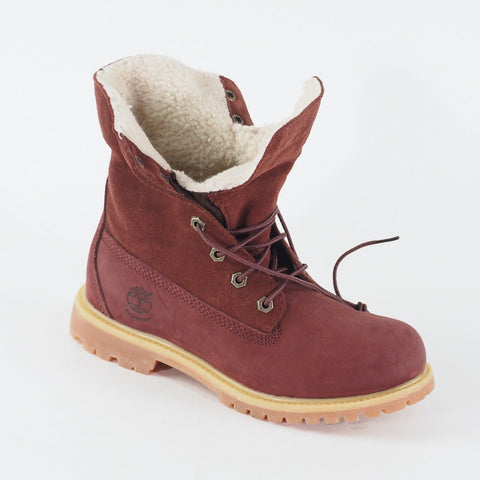 Womens Timberland Teddy Fleece Fold Down Burgundy Leather Lace Waterproof Boots